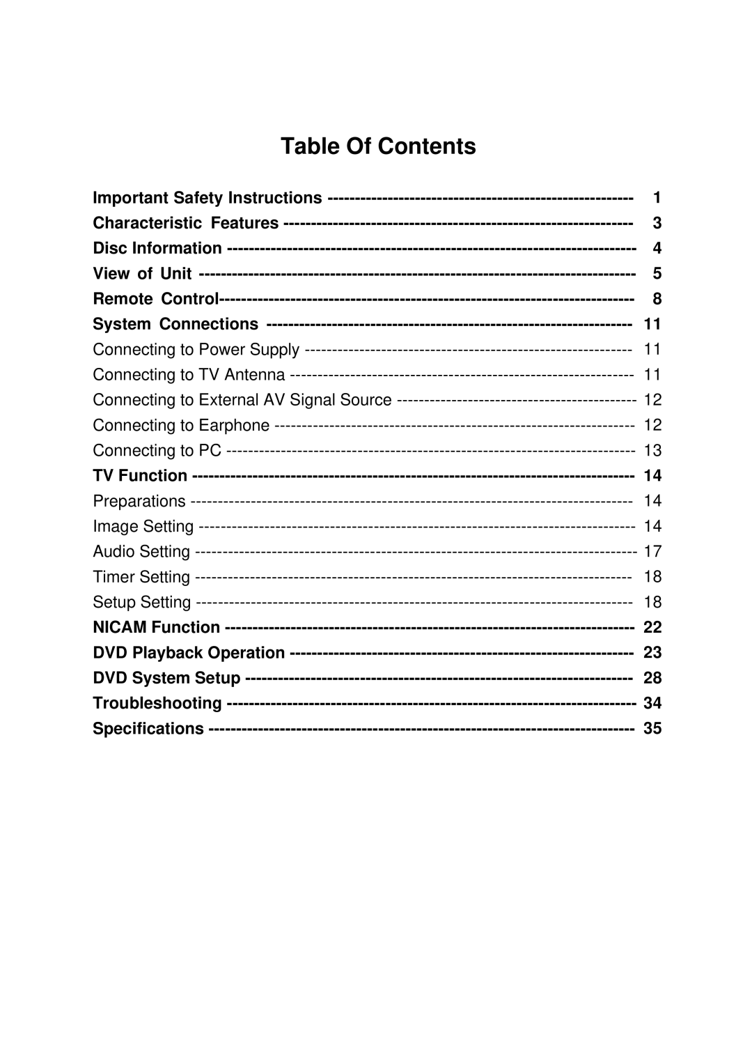 Palsonic LCD TV COMBO, TFTV1520D user manual Table Of Contents 