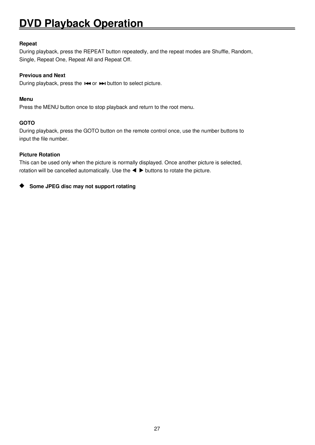 Palsonic TFTV1520D, LCD TV COMBO user manual Picture Rotation, Some Jpeg disc may not support rotating 