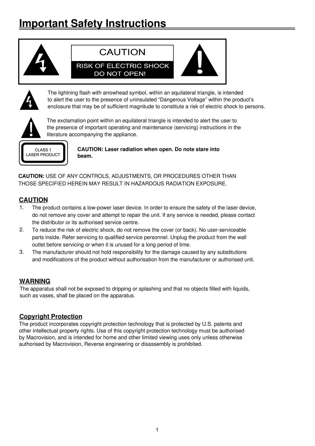 Palsonic TFTV1520D, LCD TV COMBO user manual Important Safety Instructions, Copyright Protection 