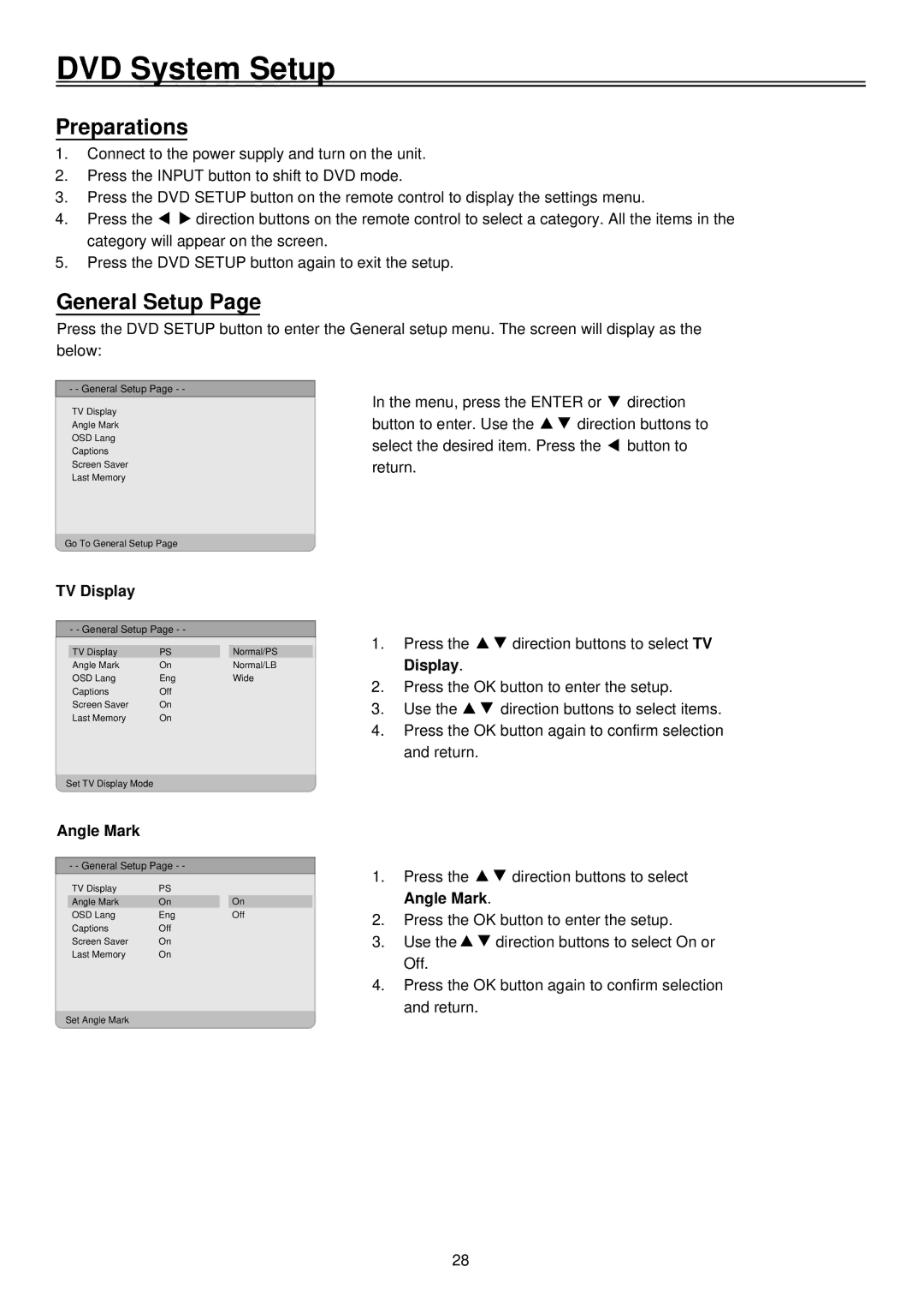 Palsonic LCD TV COMBO, TFTV1520D user manual DVD System Setup, Preparations, General Setup, TV Display, Angle Mark 