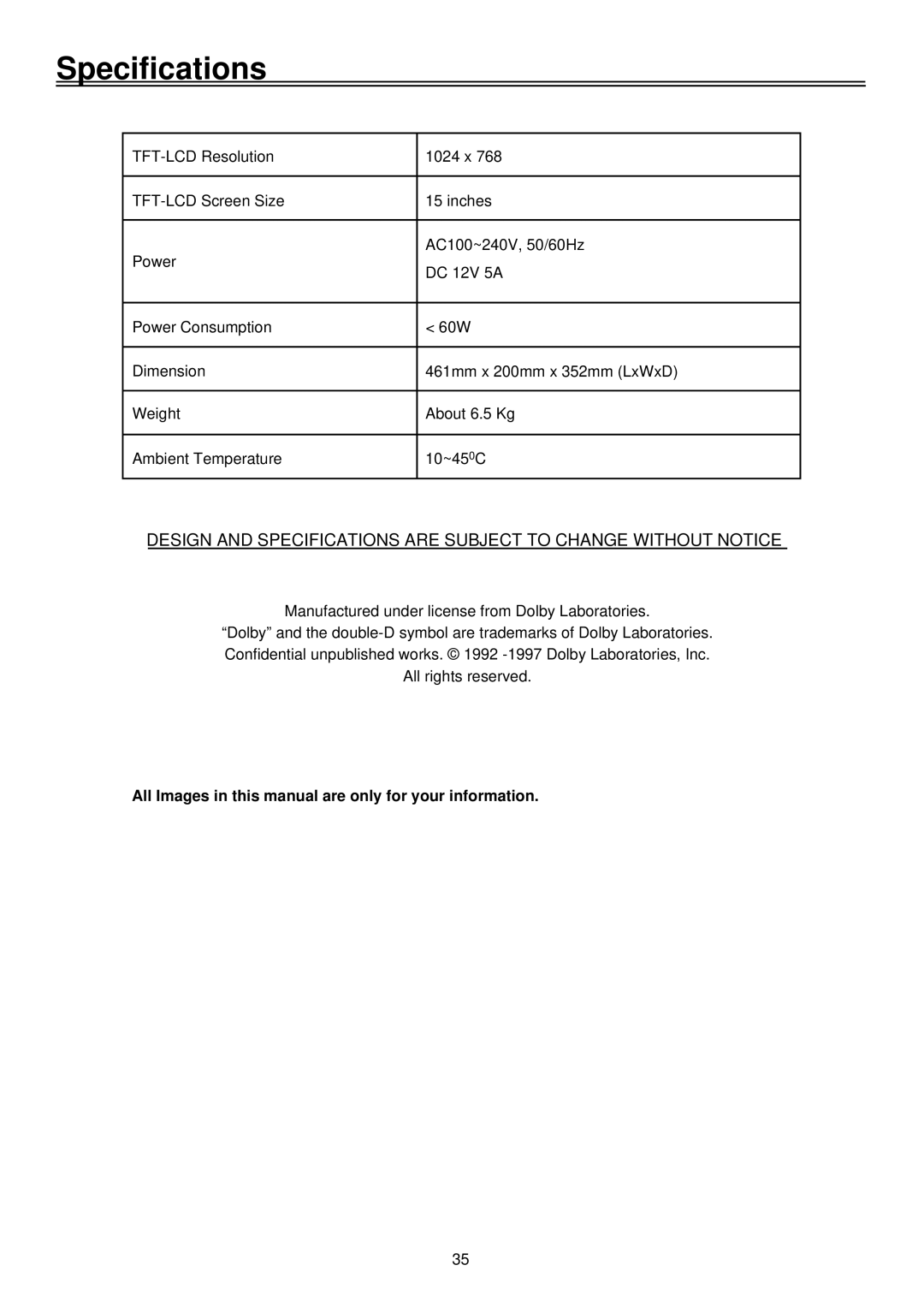 Palsonic TFTV1520D, LCD TV COMBO user manual Specifications, All Images in this manual are only for your information 