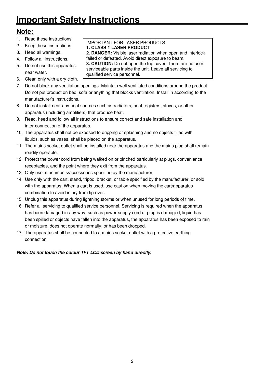 Palsonic LCD TV COMBO, TFTV1520D user manual Class 1 Laser Product 