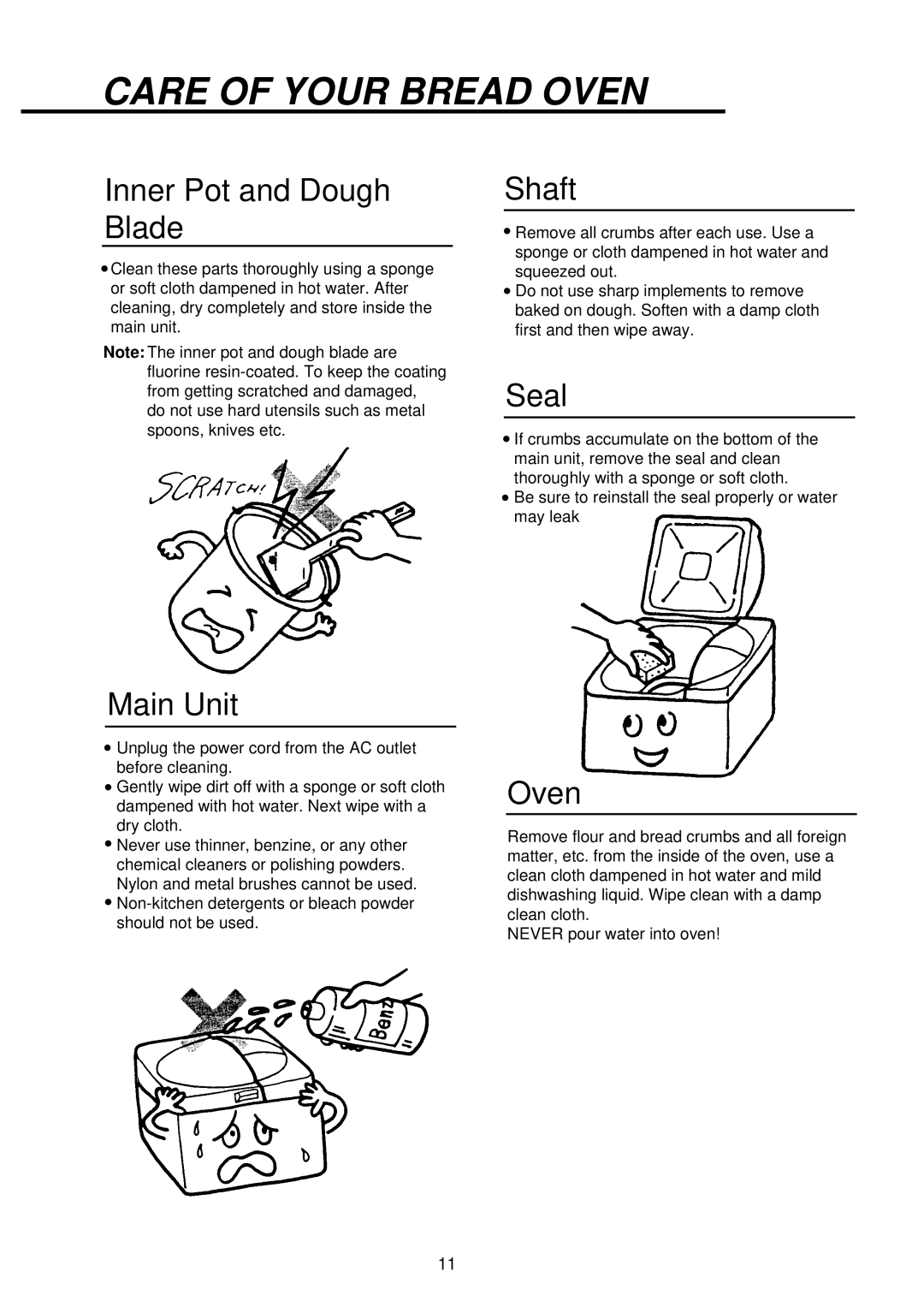 Palsonic PAB-3000 owner manual Care of Your Bread Oven, Inner Pot and Dough Blade, Main Unit, Shaft, Seal 