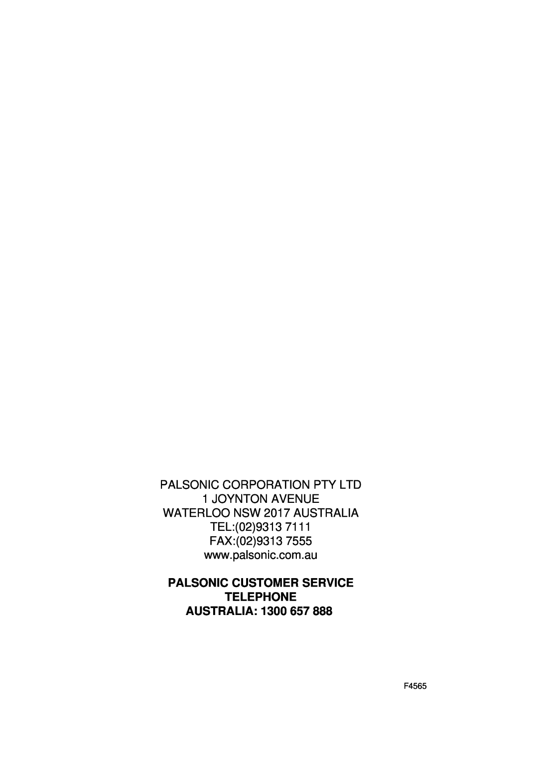 Palsonic PAB-3000 JOYNTON AVENUE WATERLOO NSW 2017 AUSTRALIA TEL029313, Palsonic Customer Service Telephone Australia 