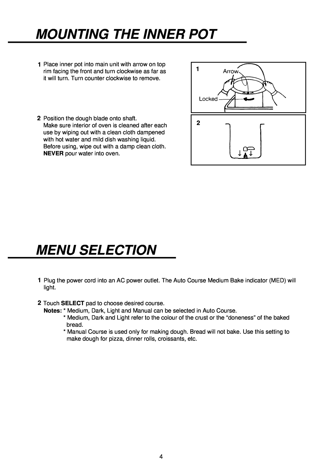 Palsonic PAB-3000 owner manual Mounting The Inner Pot, Menu Selection 