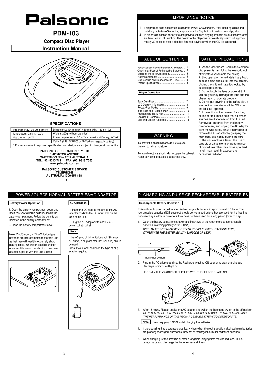 Palsonic PDM-103 instruction manual Importance Notice, Table of Contents 