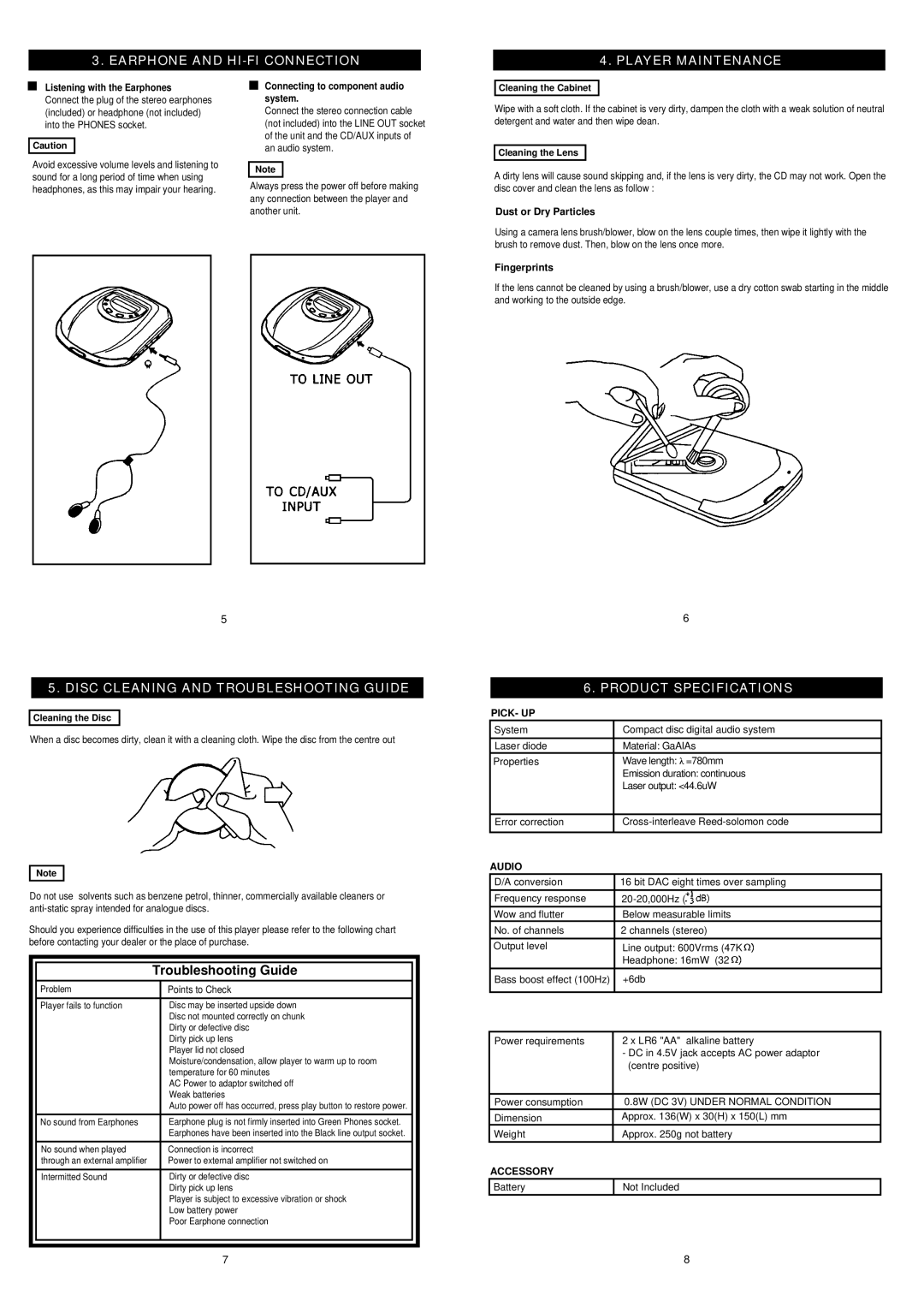 Palsonic PDM-103 Earphone and HI-FI Connection Player Maintenance, Disc Cleaning and Troubleshooting Guide 