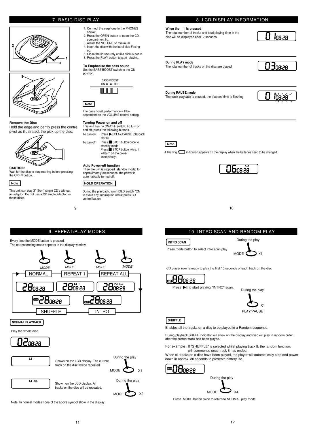 Palsonic PDM-103 instruction manual Basic Disc Play LCD Display Information, REPEAT/PLAY Modes Intro Scan and Random Play 