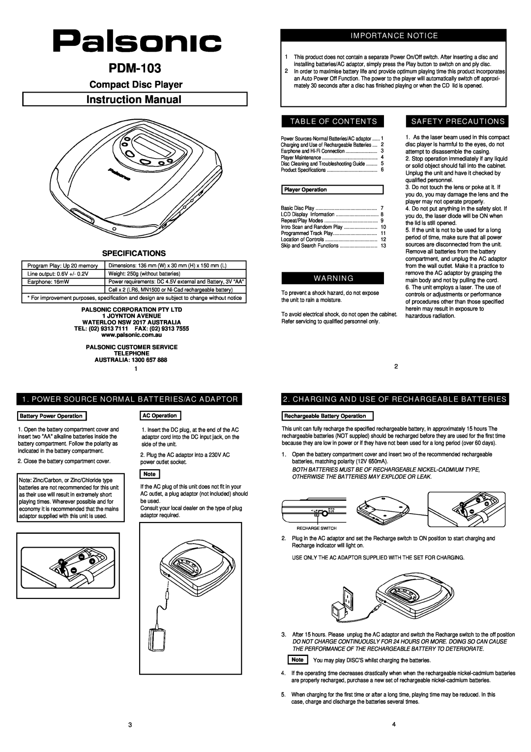 Palsonic PDM-103 instruction manual Importance Notice, Table Of Contents, Specifications, TEL 02 9313 7111 FAX 02 9313 