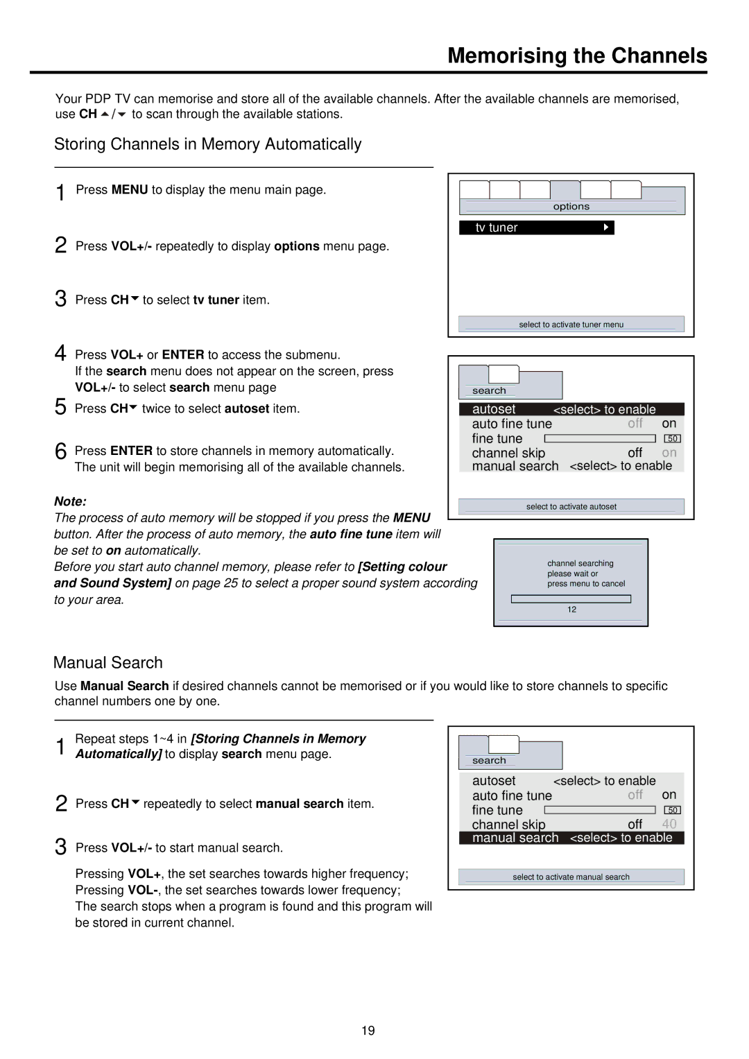 Palsonic PDP 5000 owner manual Memorising the Channels, Storing Channels in Memory Automatically, Manual Search, Autoset 