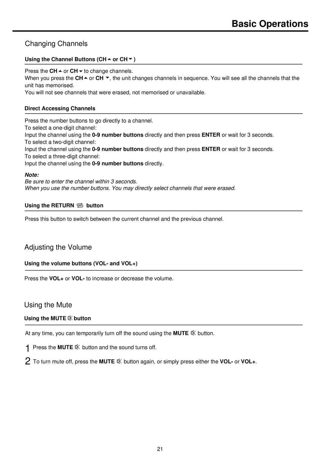 Palsonic PDP 5000 owner manual Basic Operations, Changing Channels, Adjusting the Volume, Using the Mute 