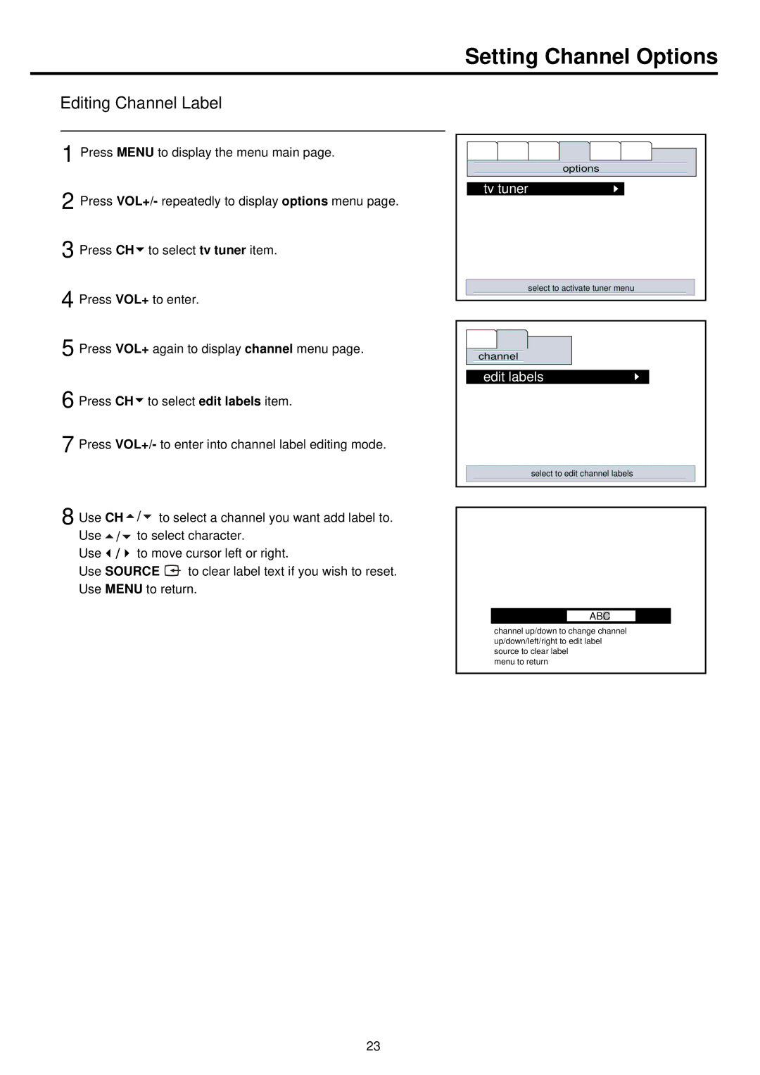 Palsonic PDP 5000 owner manual Setting Channel Options, Editing Channel Label, Tv tuner, Edit labels 