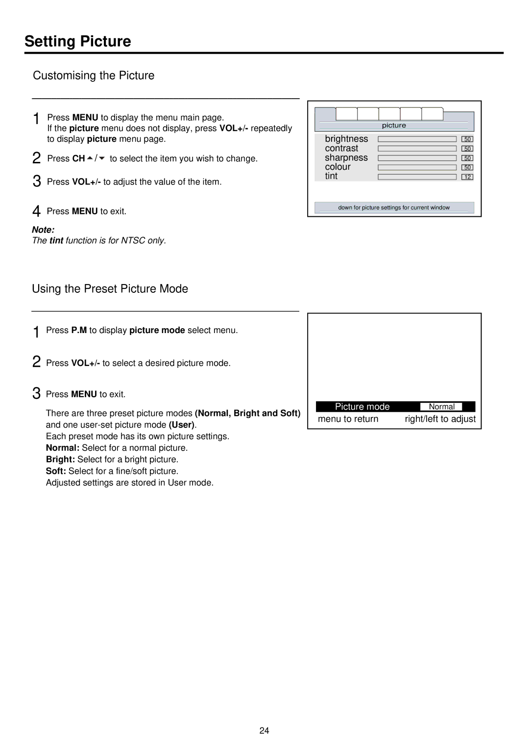 Palsonic PDP 5000 Setting Picture, Customising the Picture, Using the Preset Picture Mode, Picture mode, Menu to return 