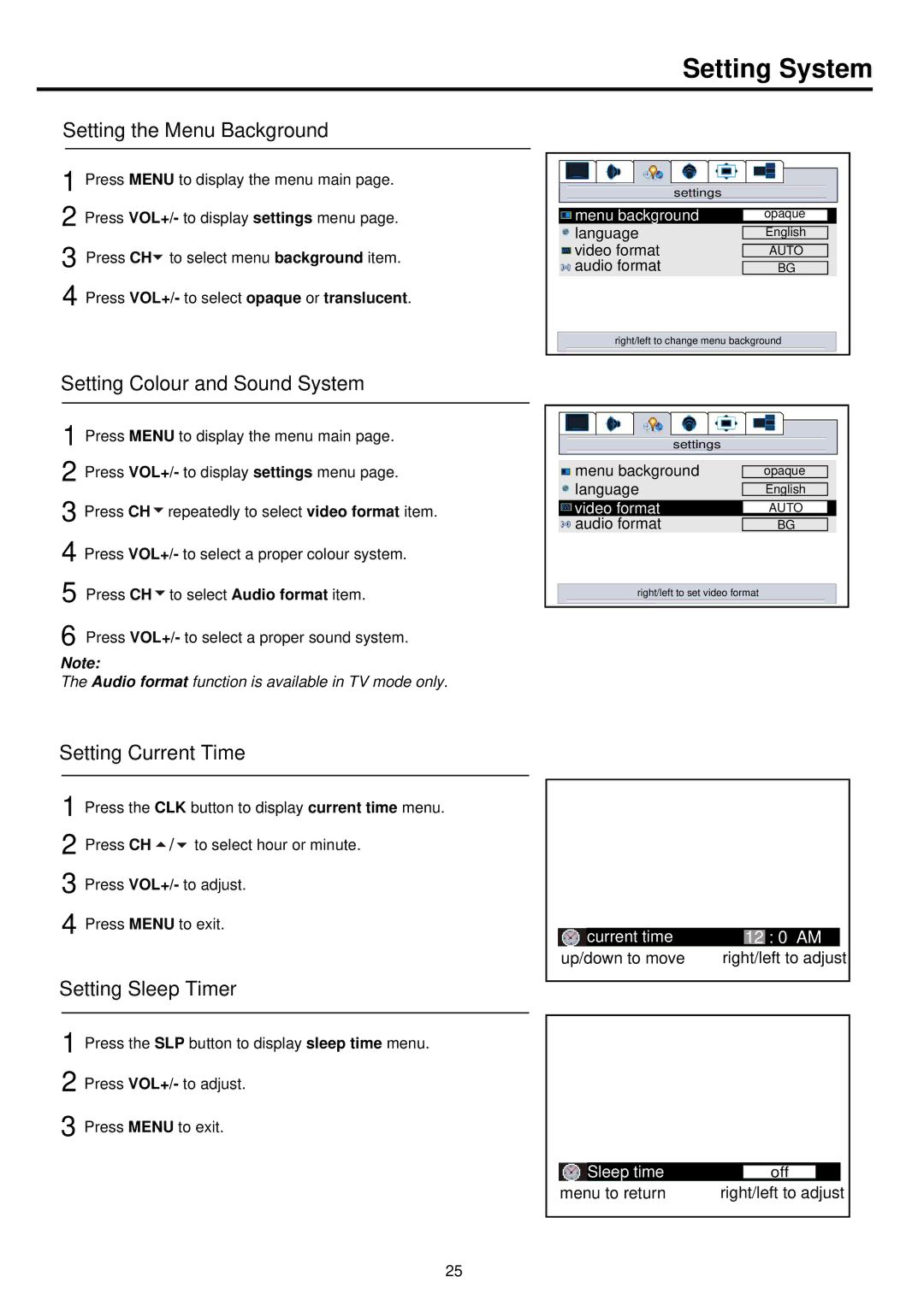 Palsonic PDP 5000 Setting System, Setting the Menu Background, Setting Colour and Sound System, Setting Current Time 