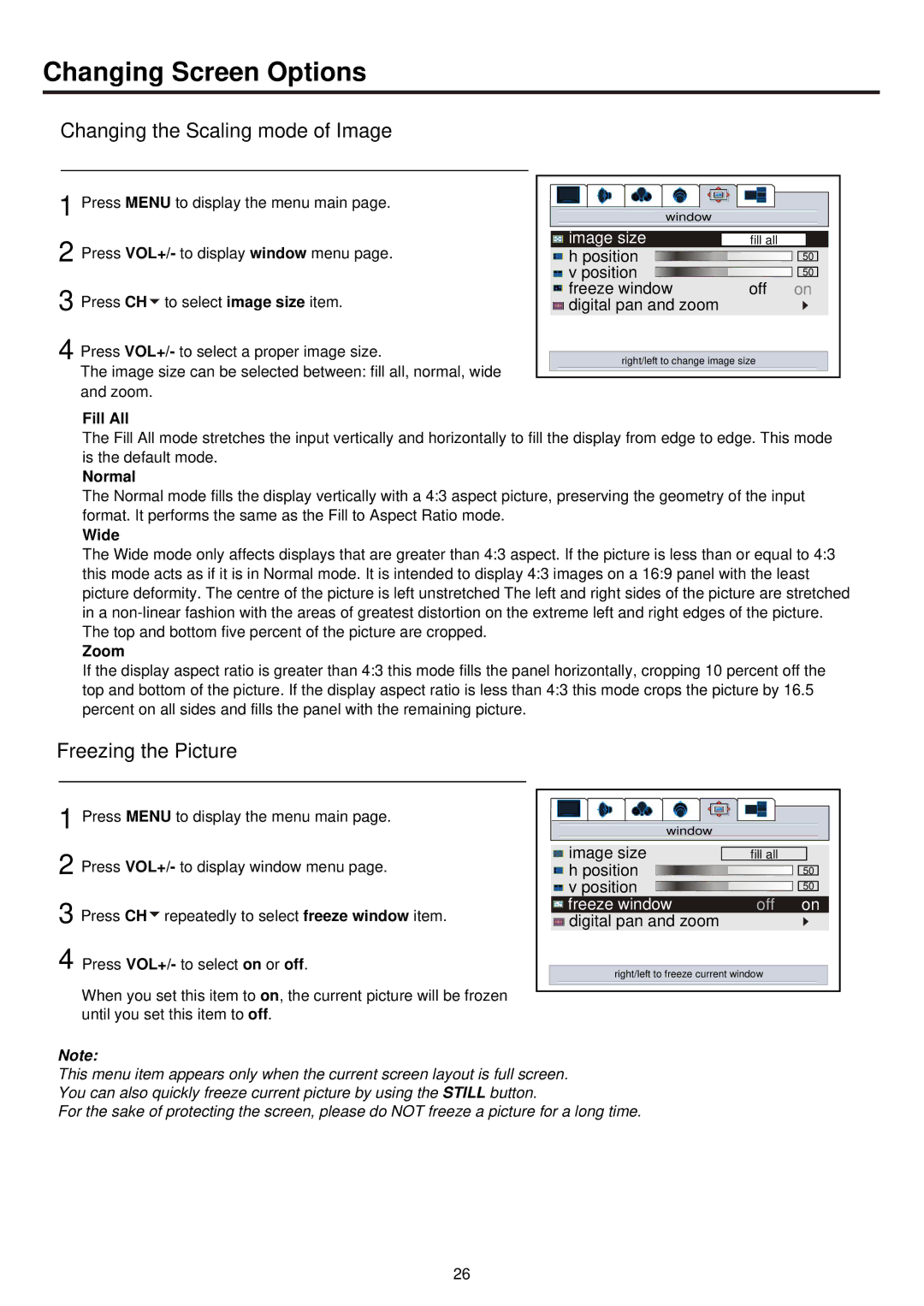 Palsonic PDP 5000 Changing Screen Options, Changing the Scaling mode of Image, Freezing the Picture, Image size 