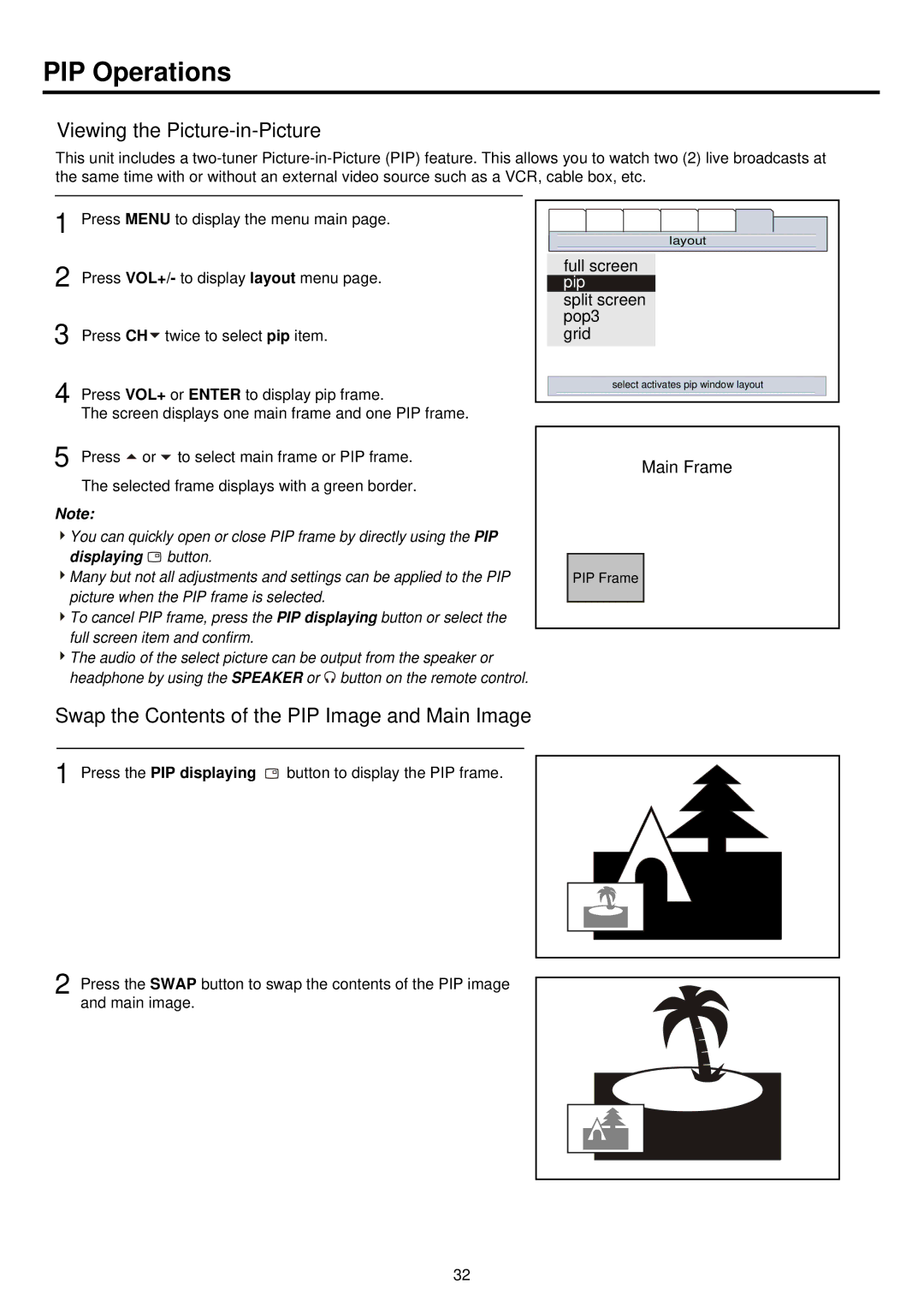 Palsonic PDP 5000 PIP Operations, Viewing the Picture-in-Picture, Swap the Contents of the PIP Image and Main Image 