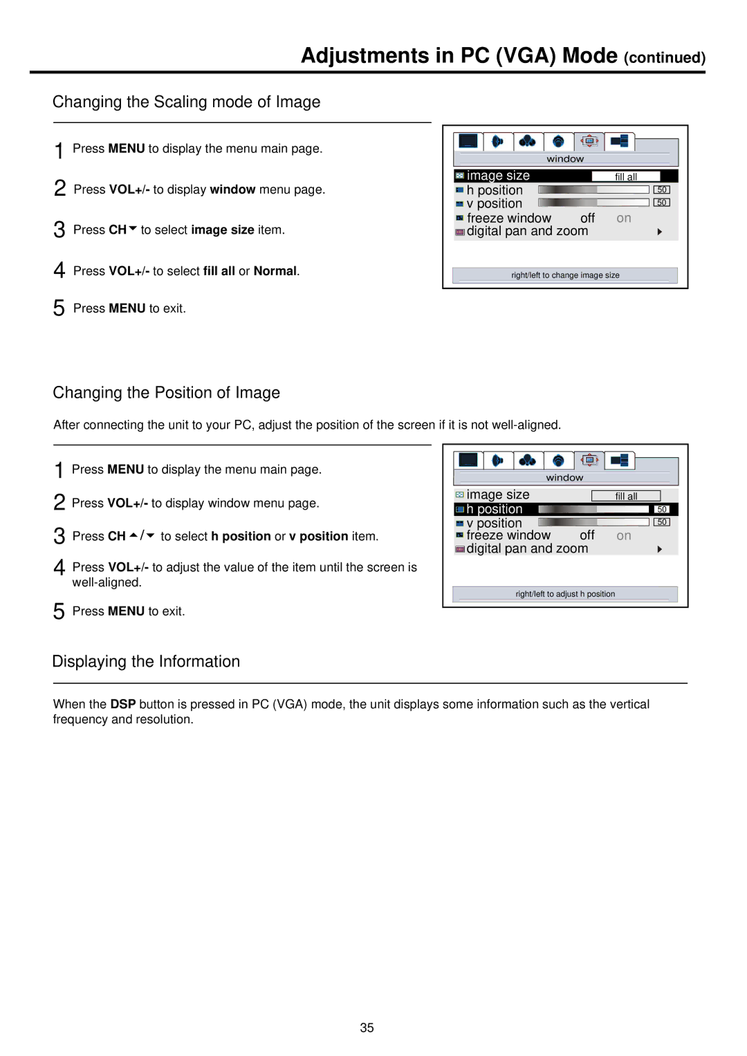 Palsonic PDP 5000 owner manual Adjustments in PC VGA Mode, Changing the Position of Image, Displaying the Information 