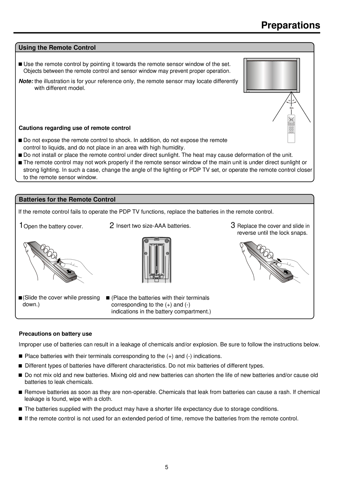 Palsonic PDP 5000 Preparations, Using the Remote Control, Batteries for the Remote Control, Precautions on battery use 