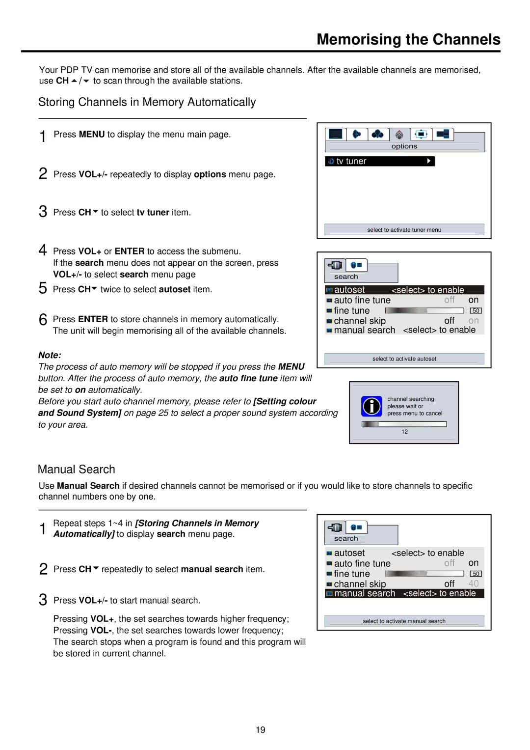 Palsonic PDP4200 owner manual Memorising the Channels, Storing Channels in Memory Automatically, Manual Search, Autoset 