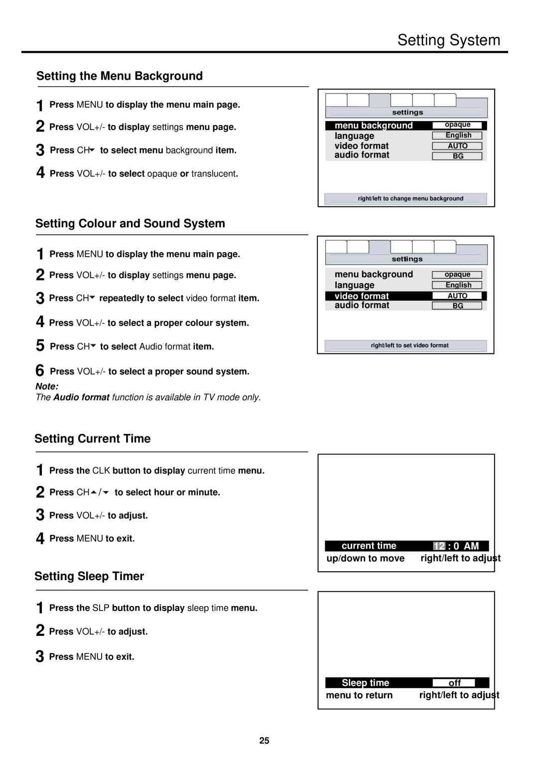 Palsonic PDP4200 Setting System, Setting the Menu Background, Setting Colour and Sound System, Setting Current Time 