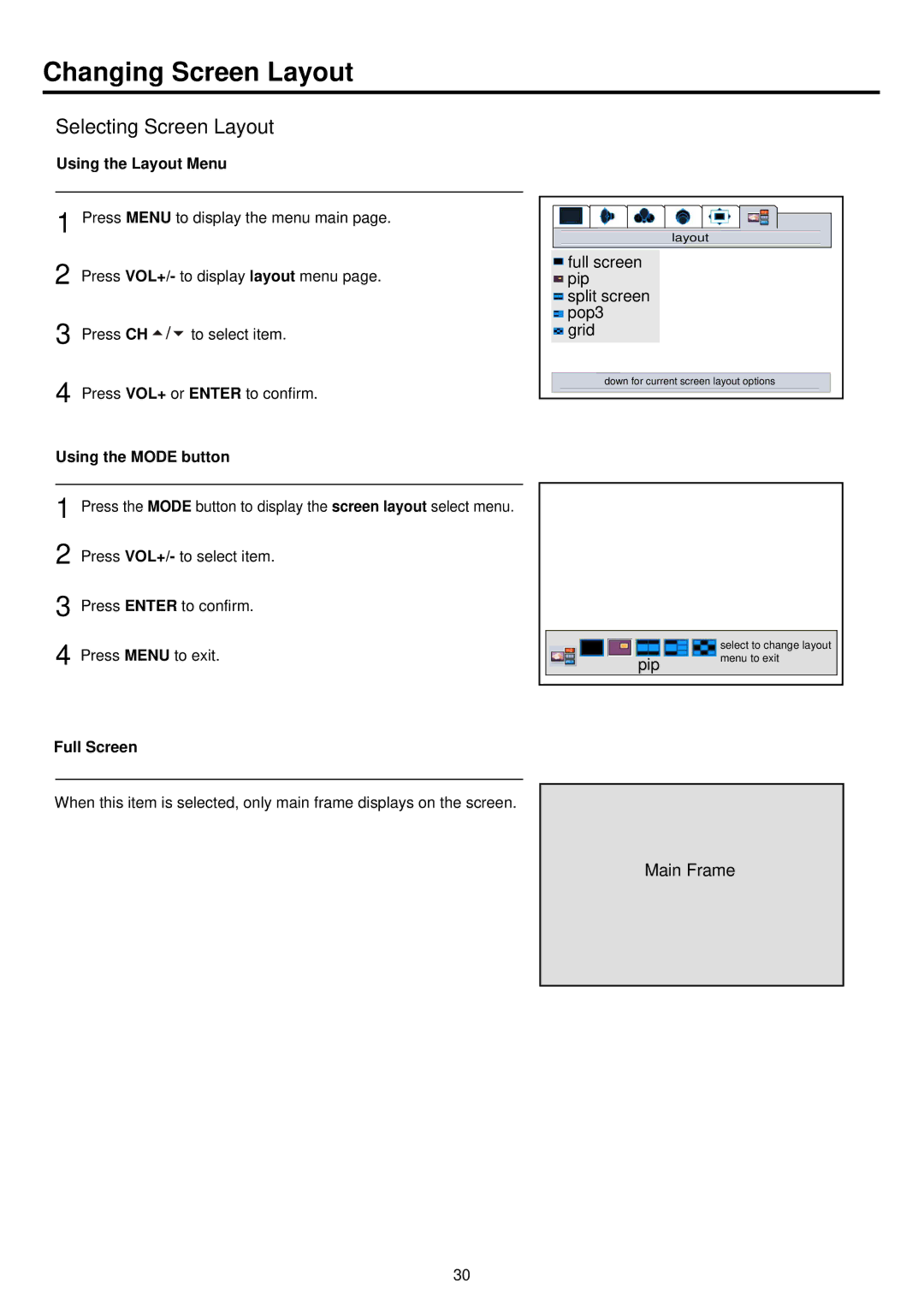 Palsonic PDP4200 owner manual Changing Screen Layout, Selecting Screen Layout 