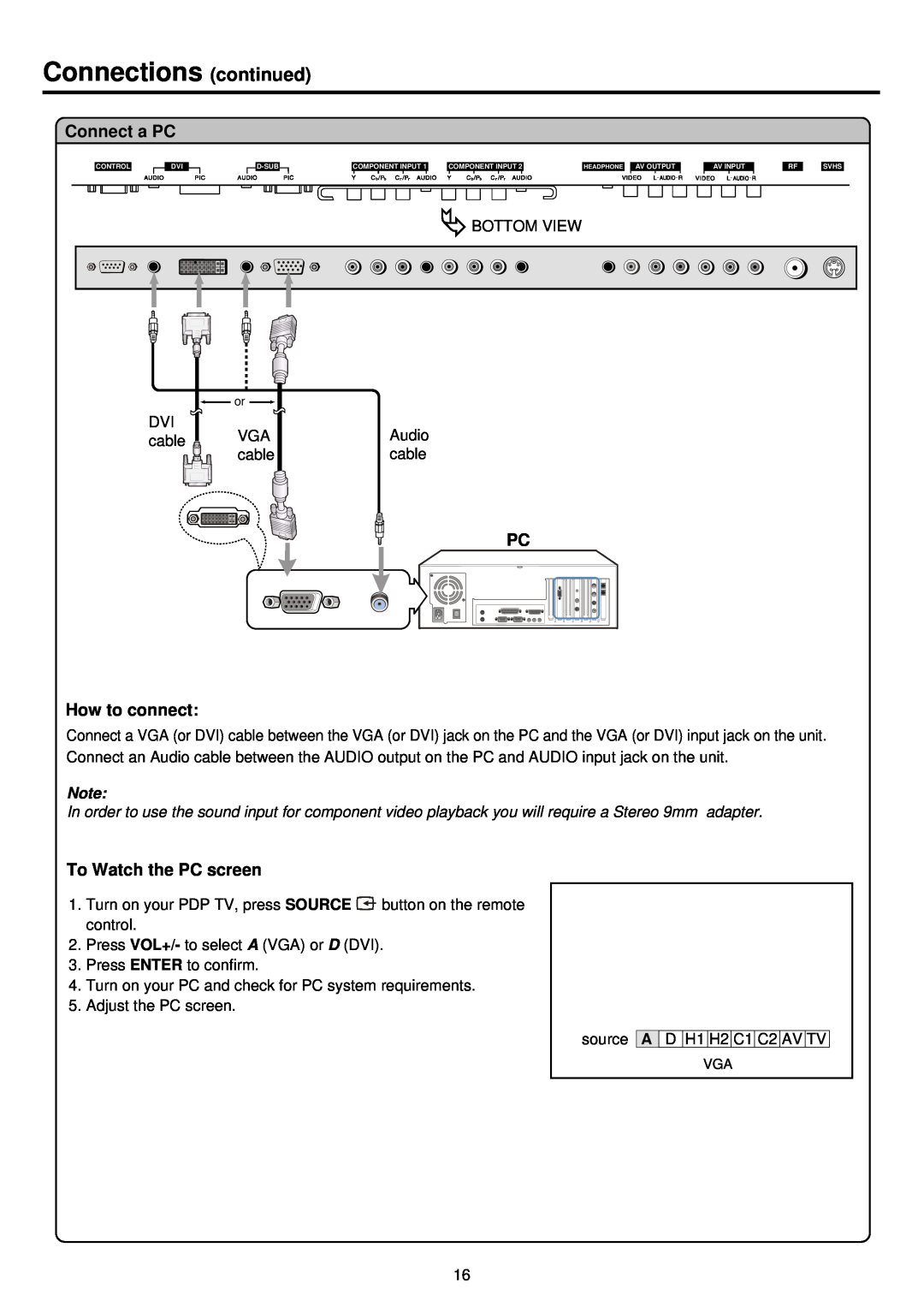 Palsonic PDP4200 owner manual Connect a PC, PC How to connect, To Watch the PC screen, Connections continued 