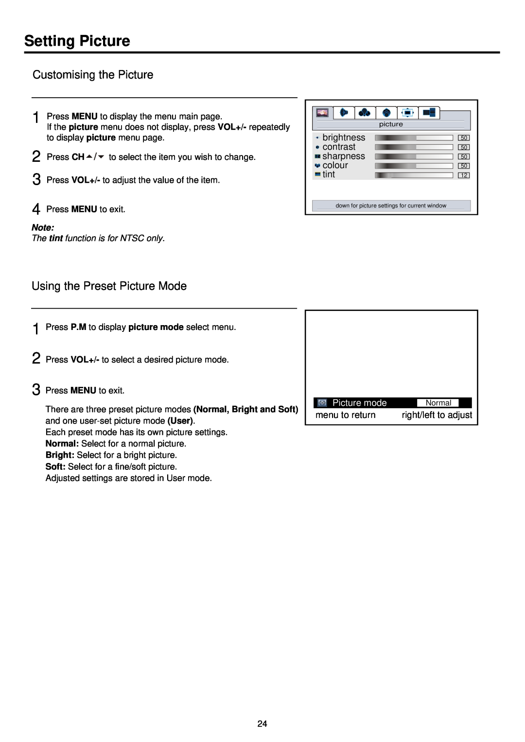 Palsonic PDP4200 owner manual Setting Picture, Customising the Picture, Using the Preset Picture Mode, Picture mode 