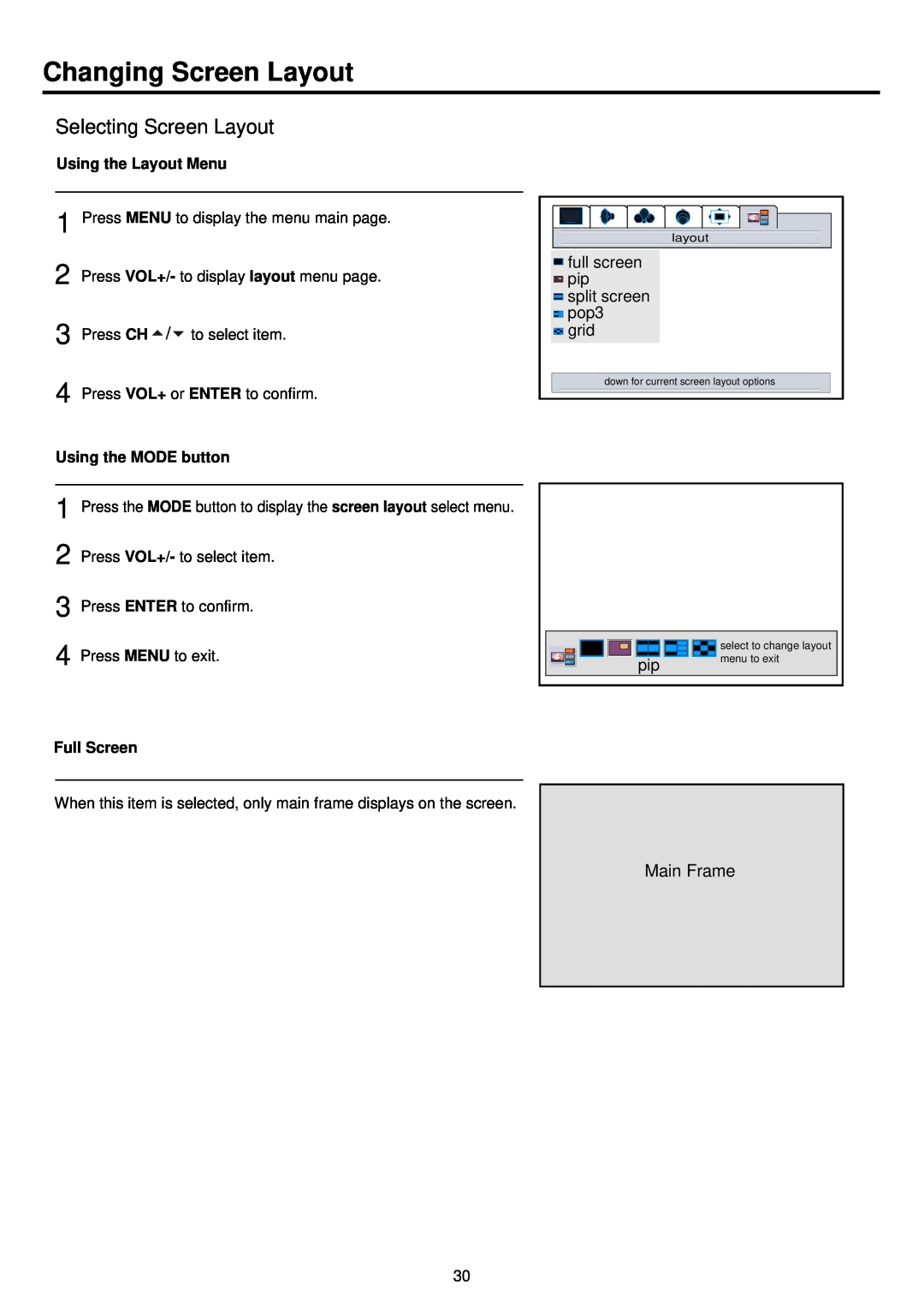 Palsonic PDP4200 owner manual Changing Screen Layout, Selecting Screen Layout, Using the Layout Menu, Using the MODE button 