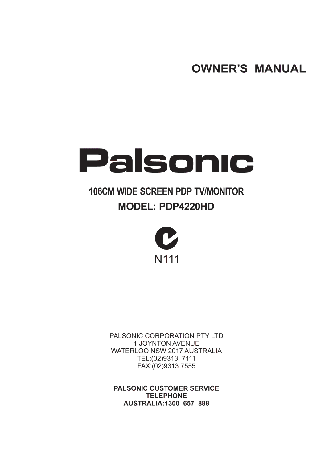 Palsonic PDP4220HD owner manual N111, AUSTRALIA1300 657 