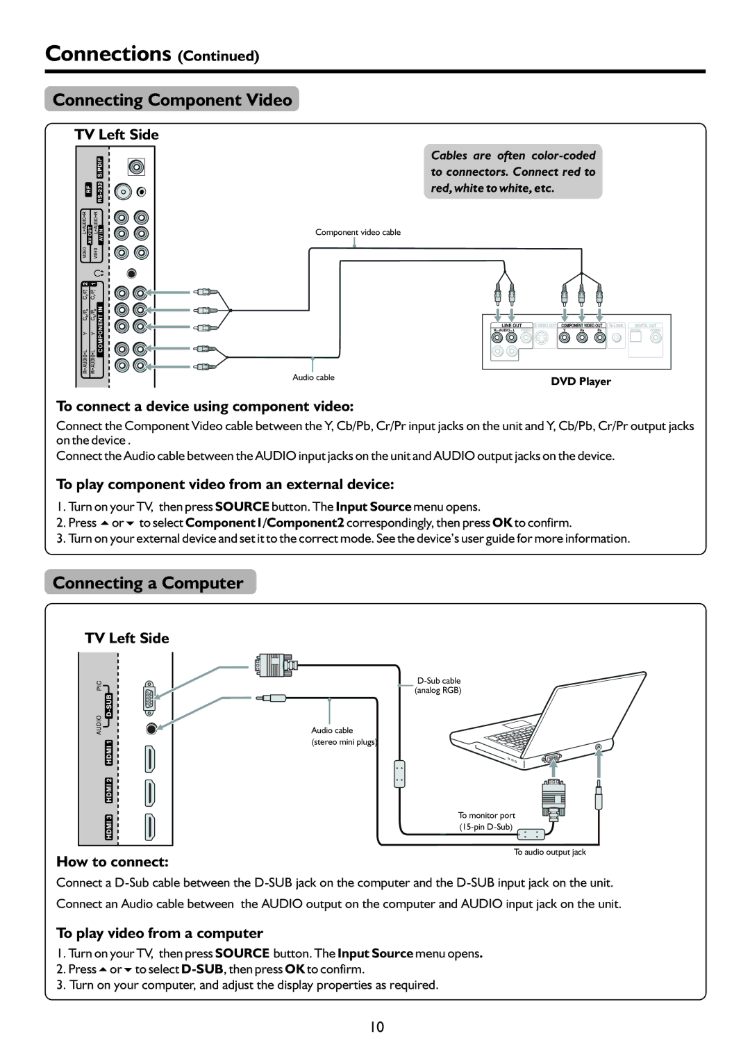 Palsonic PDP4220HD Connecting Component Video, Connecting a Computer, To connect a device using component video 