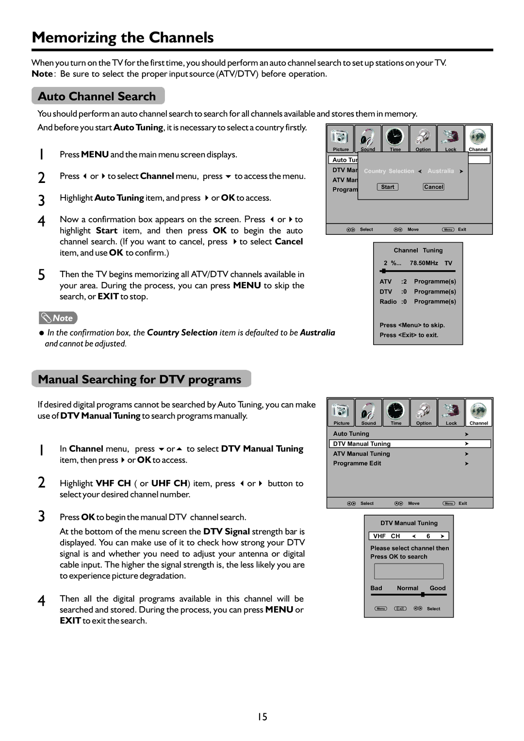 Palsonic PDP4220HD owner manual Memorizing the Channels, Auto Channel Search, Manual Searching for DTV programs 