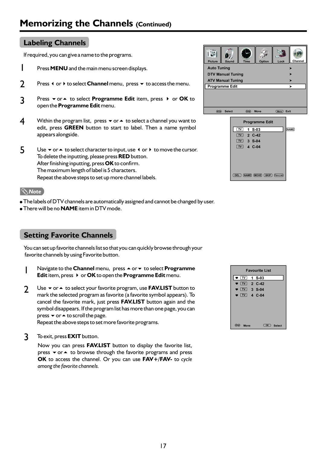 Palsonic PDP4220HD owner manual Labeling Channels, Setting Favorite Channels, Open the Programme Edit menu 