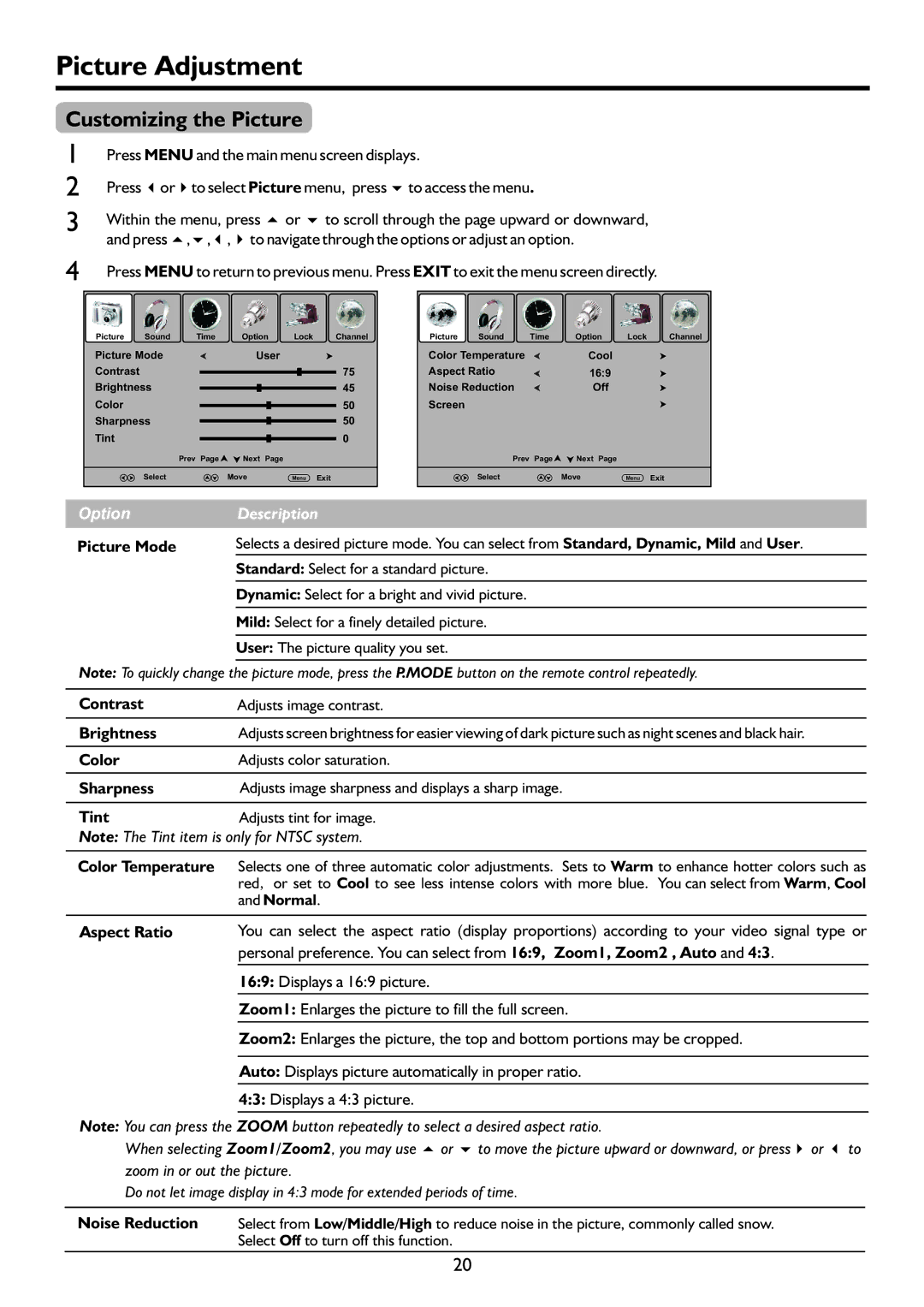 Palsonic PDP4220HD owner manual Picture Adjustment, Customizing the Picture 