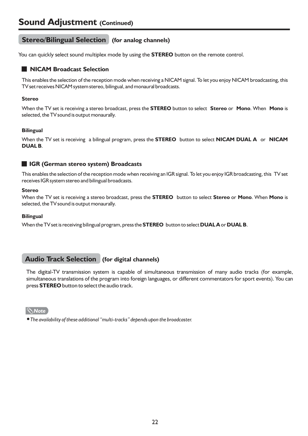 Palsonic PDP4220HD owner manual Stereo/Bilingual Selection for analog channels, Audio Track Selection for digital channels 