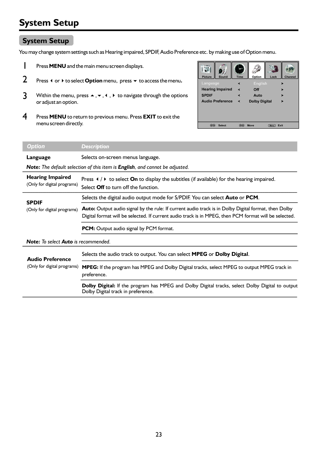 Palsonic PDP4220HD owner manual System Setup, Language, Hearing Impaired, Audio Preference 