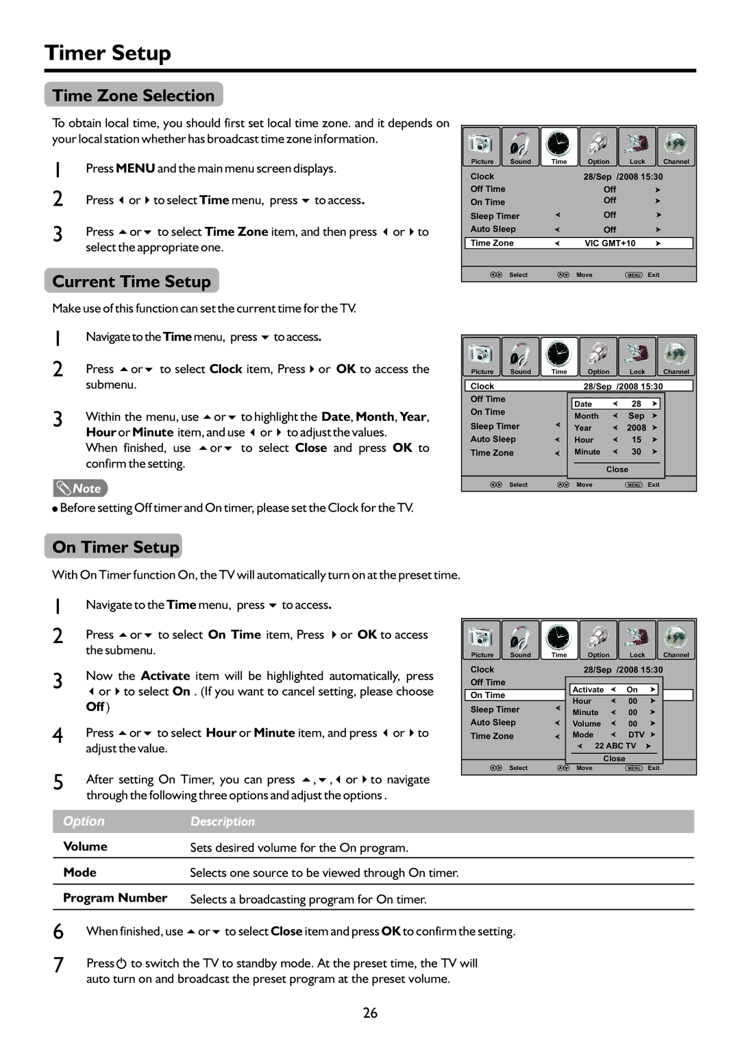 Palsonic PDP4220HD owner manual Time Zone Selection, Current Time Setup, On Timer Setup 