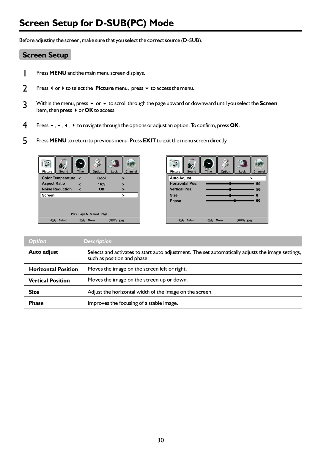 Palsonic PDP4220HD owner manual Screen Setup for D-SUBPC Mode, Auto adjust, Such as position and phase 