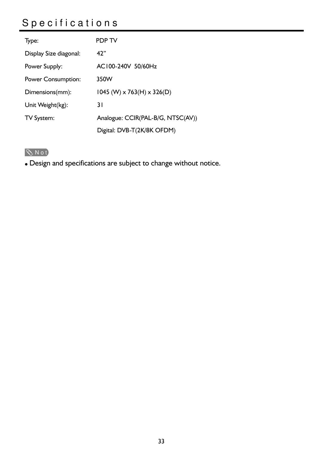 Palsonic PDP4220HD owner manual Specifications, Pdp Tv 