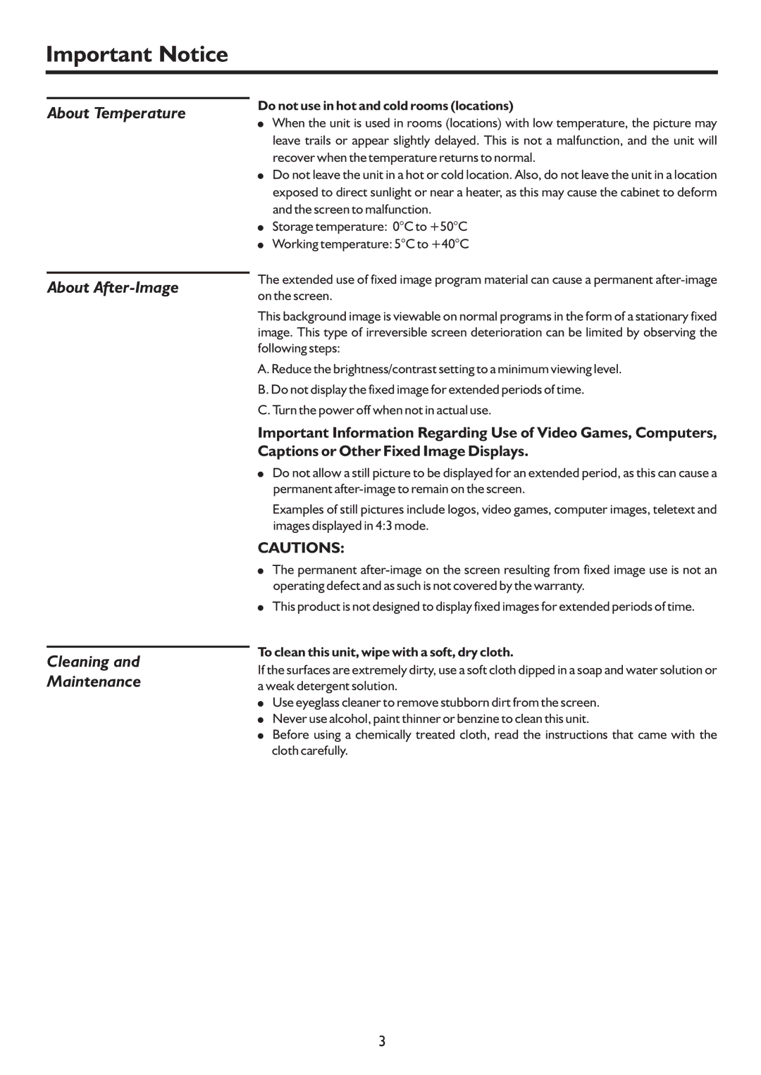 Palsonic PDP4220HD owner manual Important Notice, Do not use in hot and cold rooms locations 