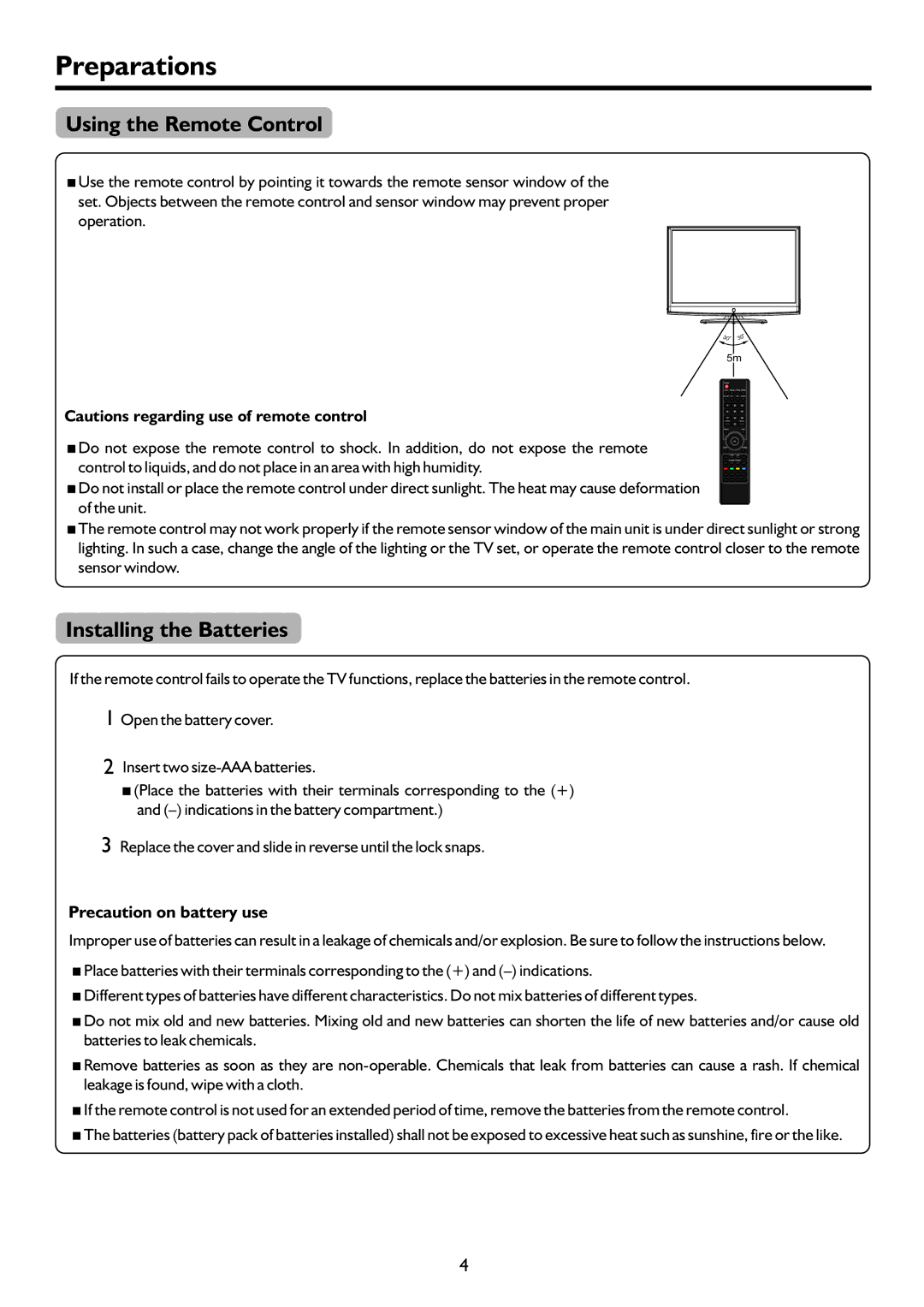 Palsonic PDP4220HD owner manual Preparations, Using the Remote Control, Installing the Batteries 