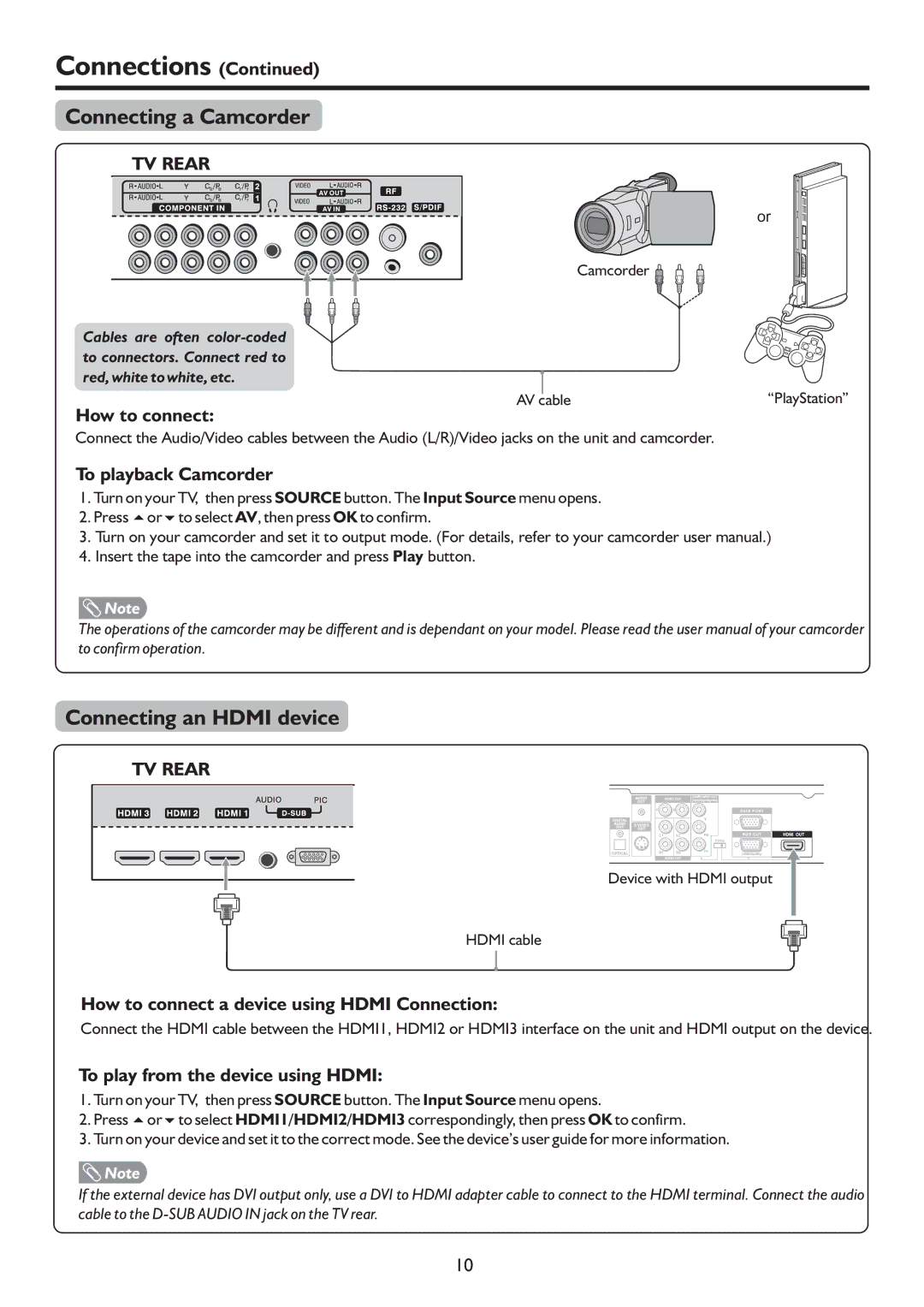 Palsonic PDP4225HD owner manual Connecting a Camcorder, Connecting an Hdmi device 