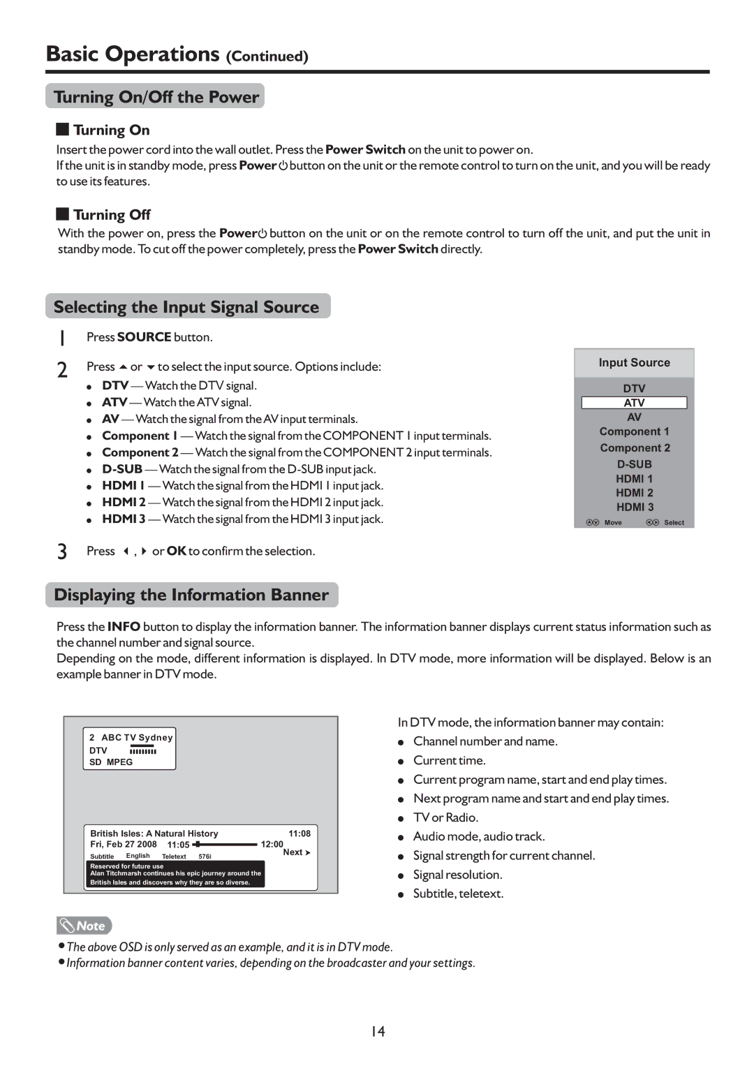 Palsonic PDP4225HD Turning On/Off the Power, Selecting the Input Signal Source, Displaying the Information Banner 