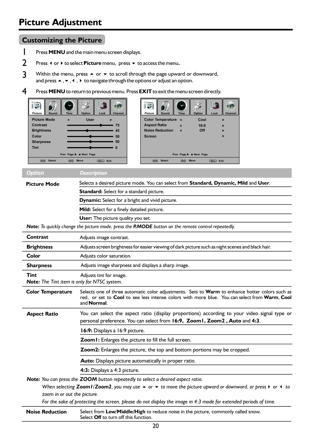 Palsonic PDP4225HD owner manual Picture Adjustment, Customizing the Picture 