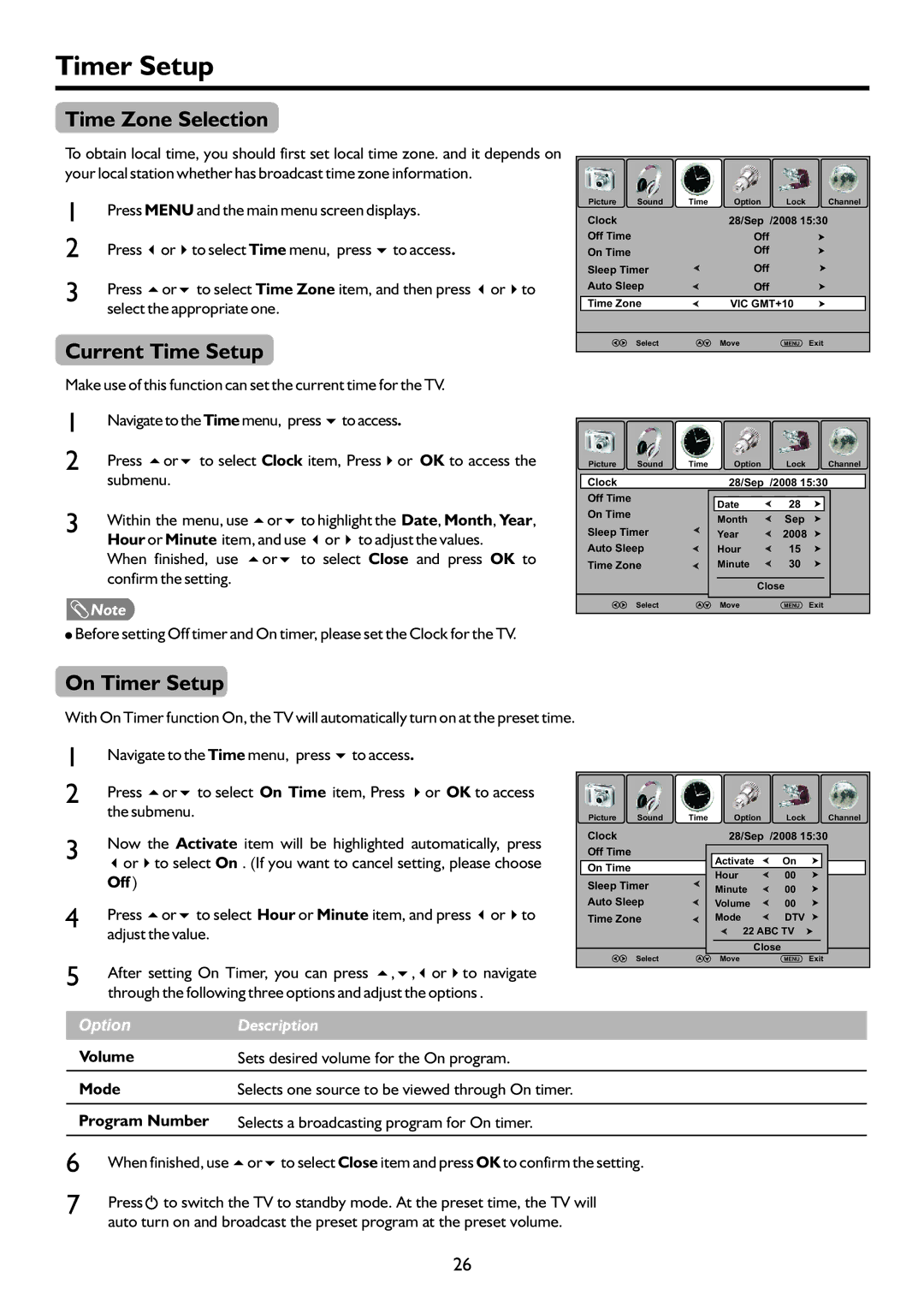 Palsonic PDP4225HD owner manual Time Zone Selection, Current Time Setup, On Timer Setup 