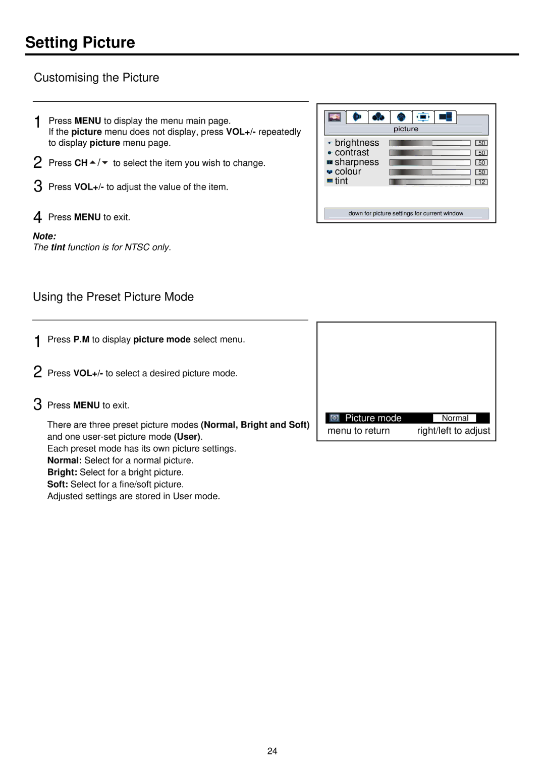 Palsonic PDP4250 Setting Picture, Customising the Picture, Using the Preset Picture Mode, Picture mode, Menu to return 