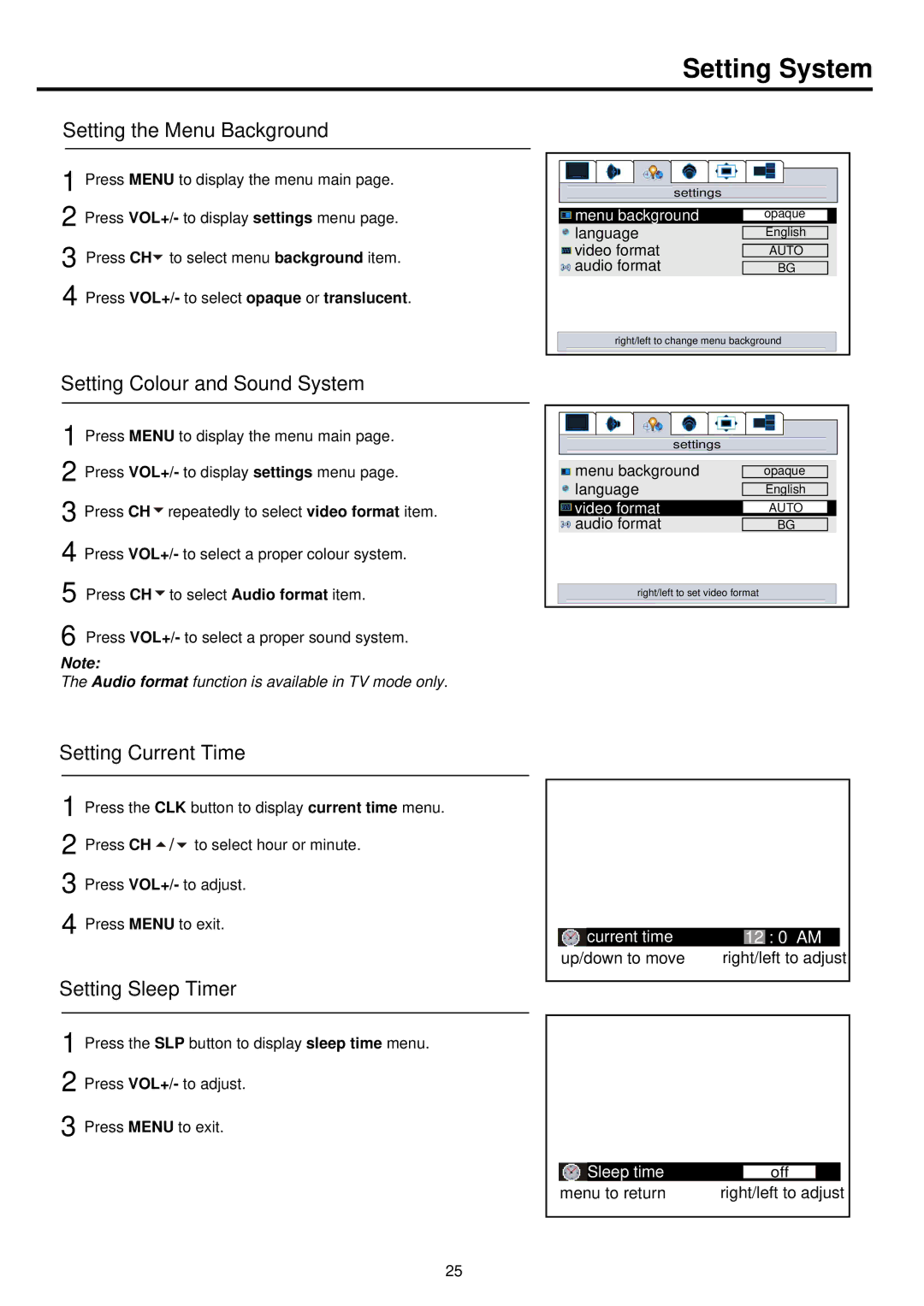 Palsonic PDP4250 Setting System, Setting the Menu Background, Setting Colour and Sound System, Setting Current Time 