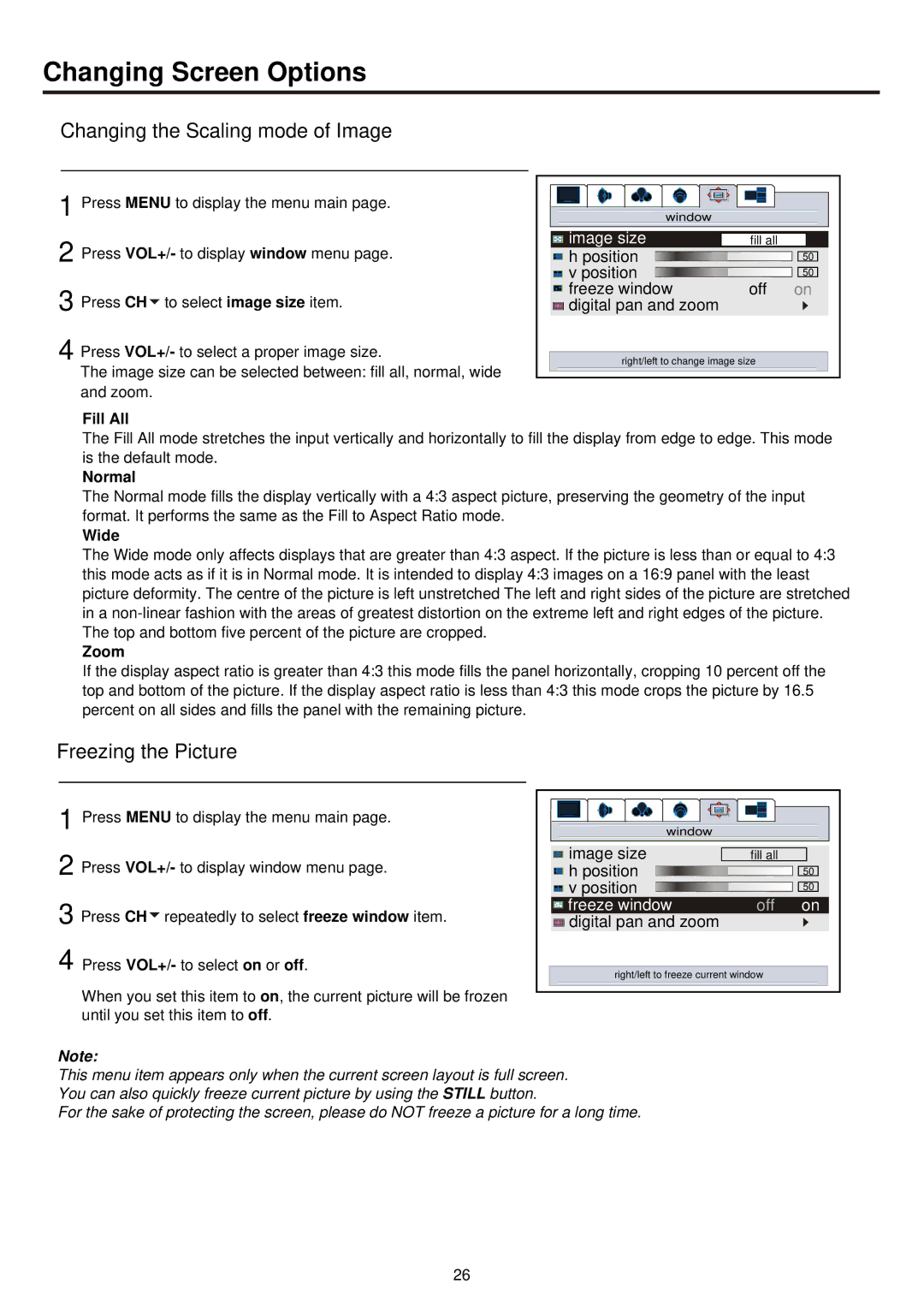 Palsonic PDP4250 owner manual Changing Screen Options, Changing the Scaling mode of Image, Freezing the Picture, Image size 