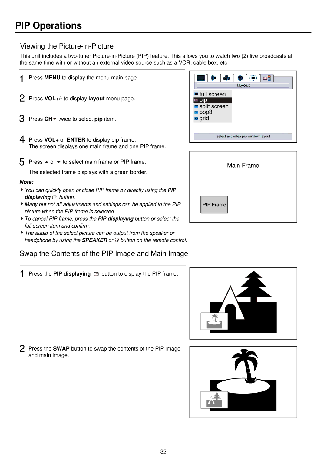 Palsonic PDP4250 PIP Operations, Viewing the Picture-in-Picture, Swap the Contents of the PIP Image and Main Image 