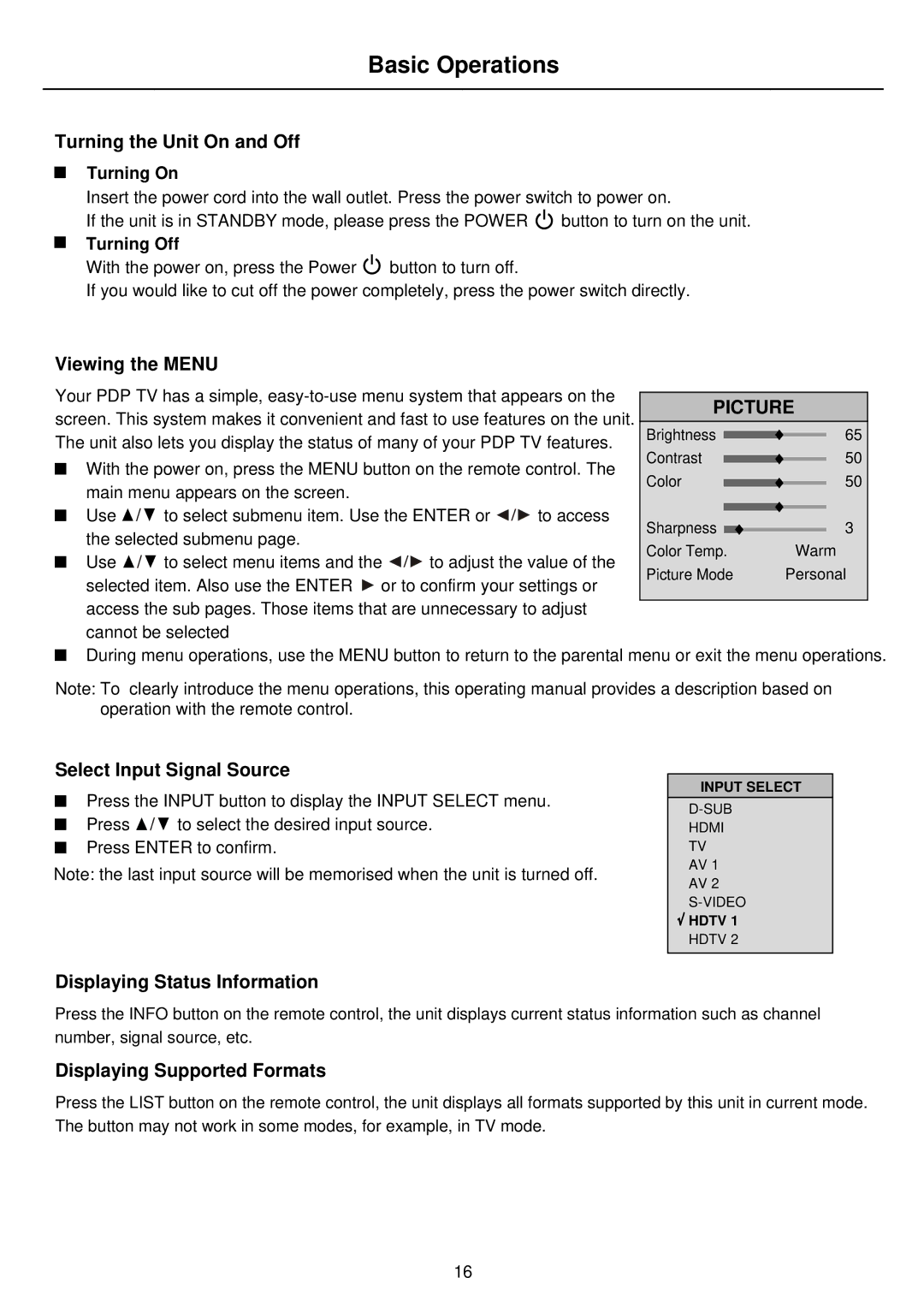 Palsonic PDP4275 owner manual Basic Operations, Picture 