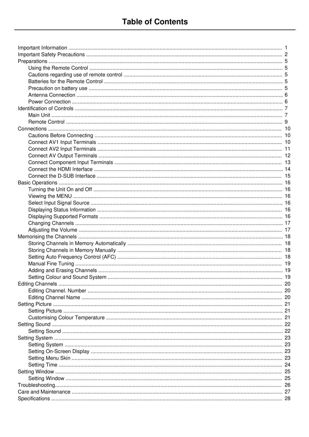 Palsonic PDP4275 owner manual Table of Contents 